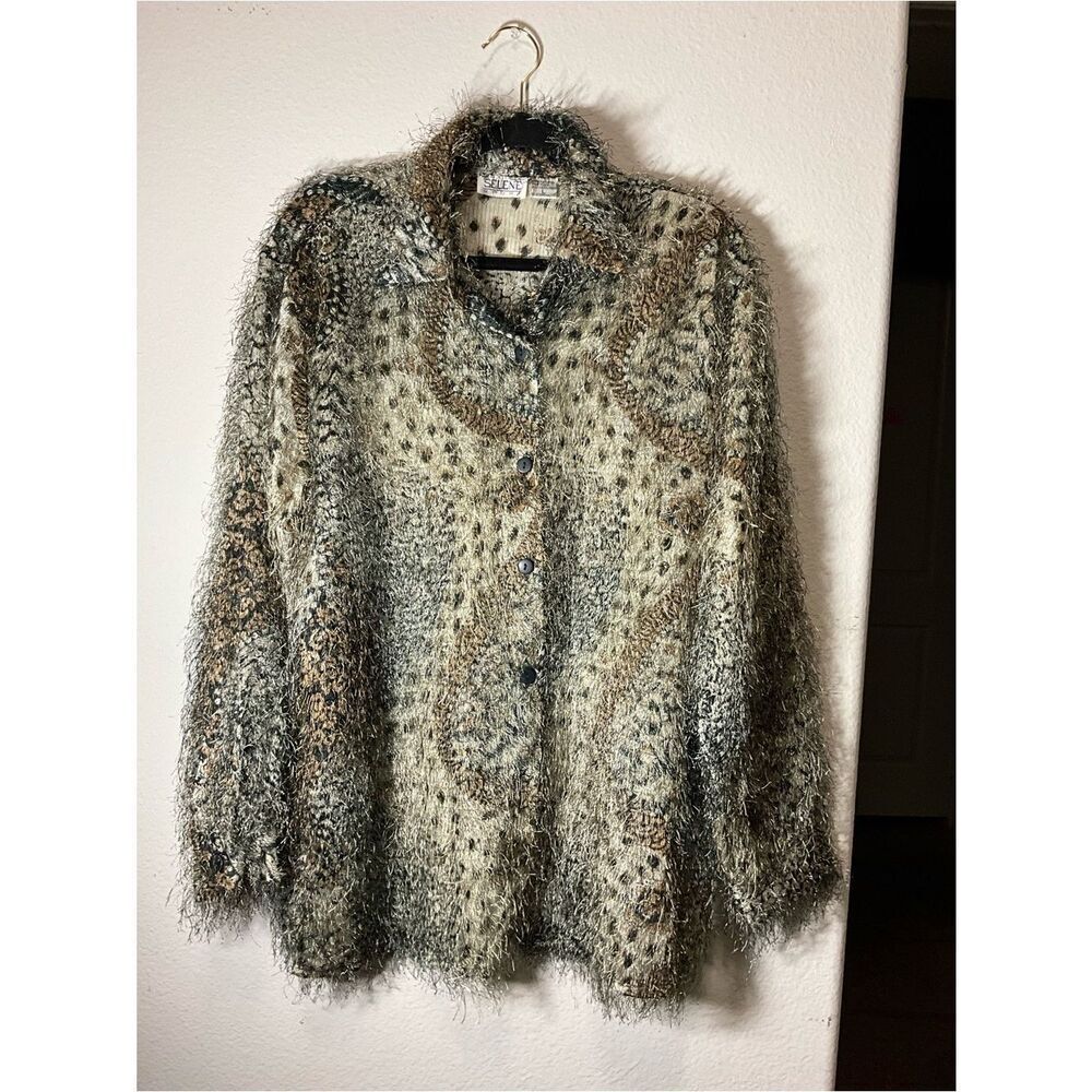 Selene Sport Shaggy Knit Button-Front Jacket in Olive, Brown & Cream